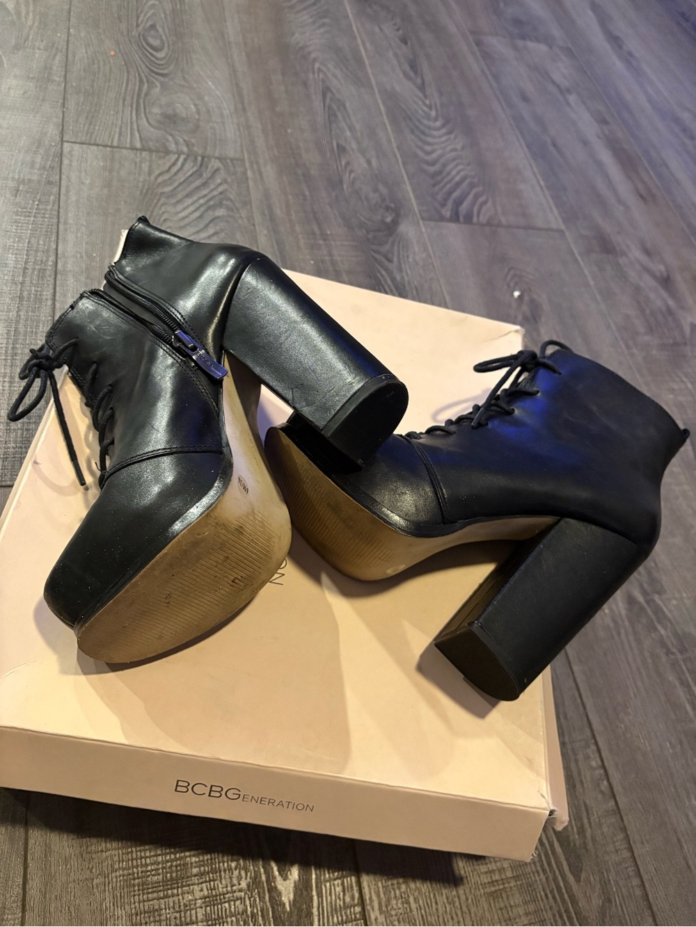 BCBG Black Lace-Up Block Heel Ankle Boots
